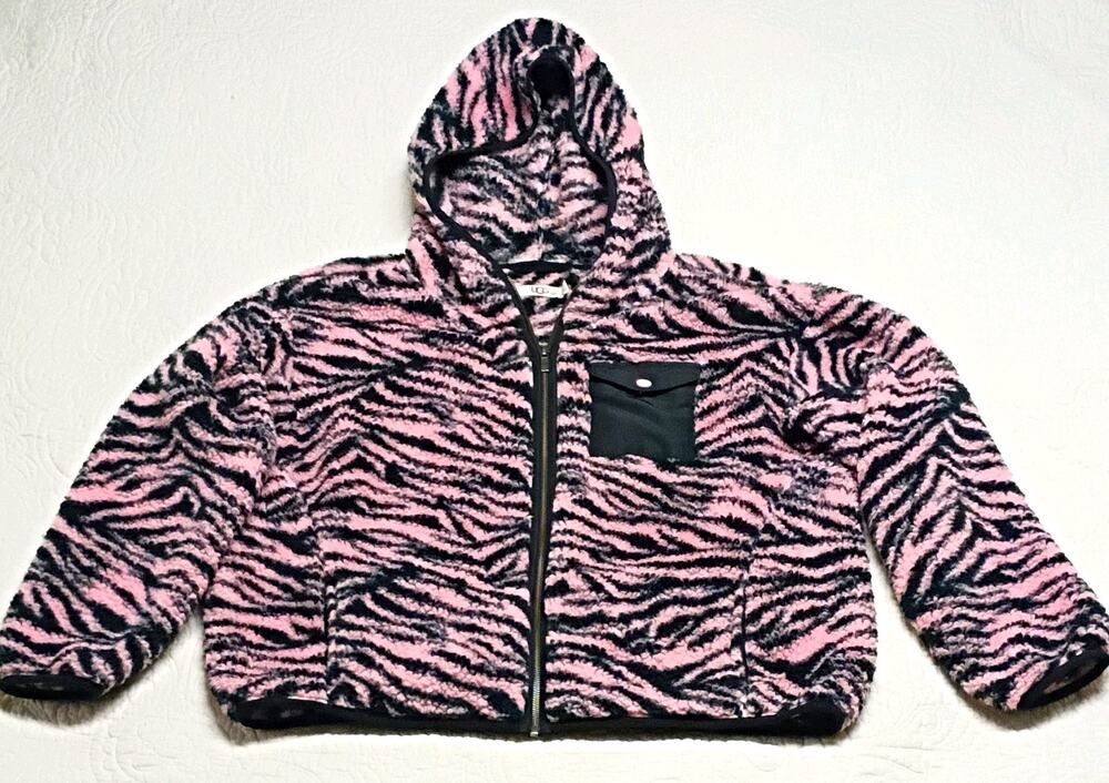 UGG Marlene Jacket Womens Medium Pink Black Zebra Tiger Sherpa Fleece Hooded M